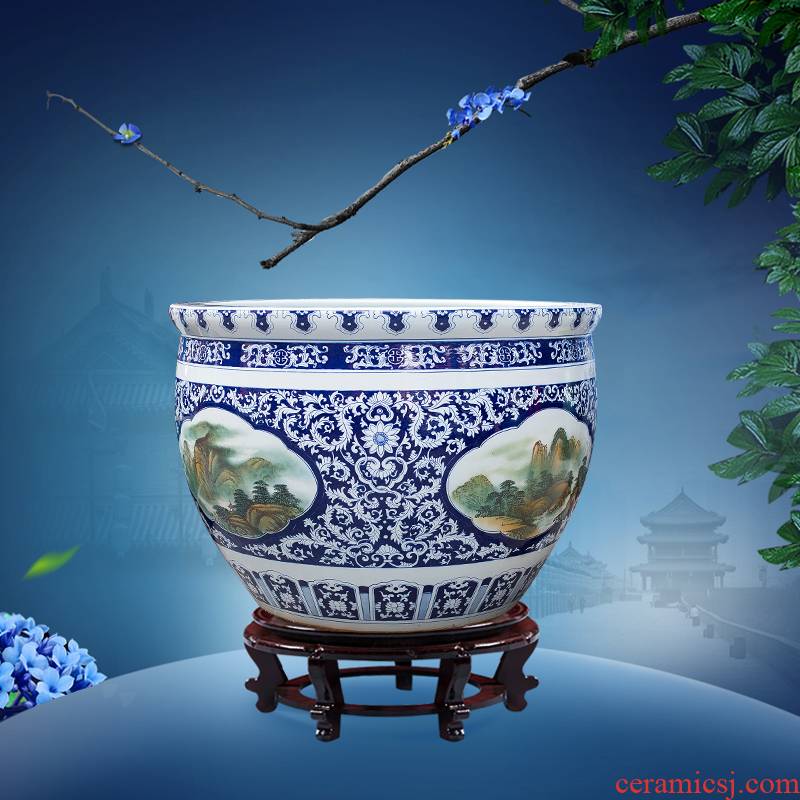 Pure hand draw blue and white porcelain of jingdezhen ceramic aquarium heavy large fish bowl courtyard gardens furnishing articles geomancy fortune
