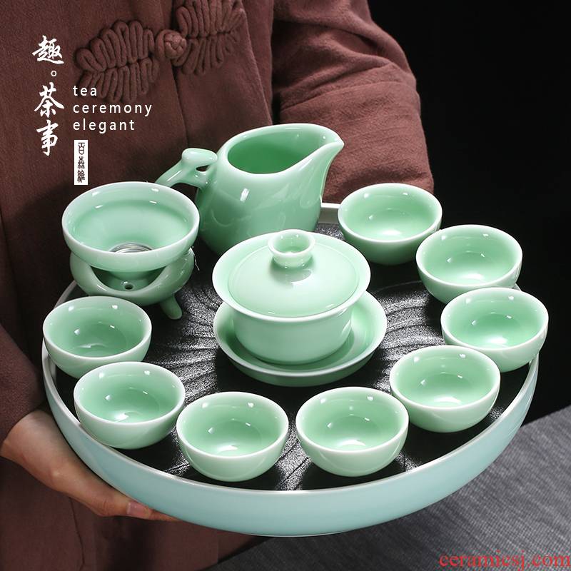 Japanese longquan celadon sharply stone kung fu tea tray ceramic teapot teacup tea set office the whole household