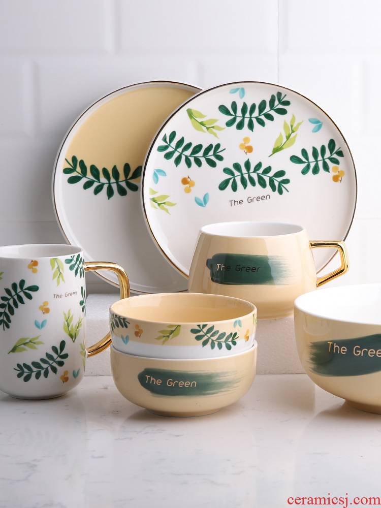 Selley ins Nordic and fresh green plant ceramic tableware suit household bowl dishes chopsticks bowl combine web celebrity tableware