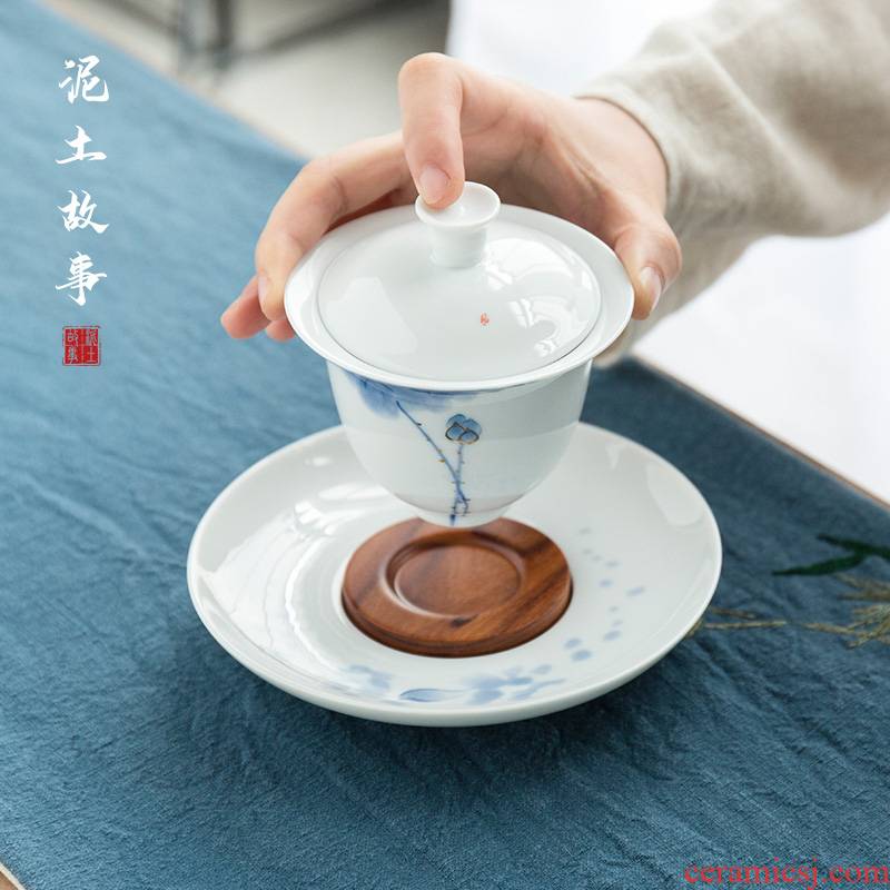 Hand - made tureen ceramic cups kung fu tea set domestic large tureen tea bowl white porcelain and three cups