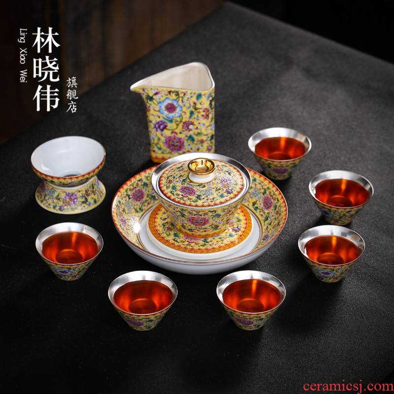 Tasted silver gilding travel ceramic tea set colored enamel household kung fu teapot teacup portable car charter