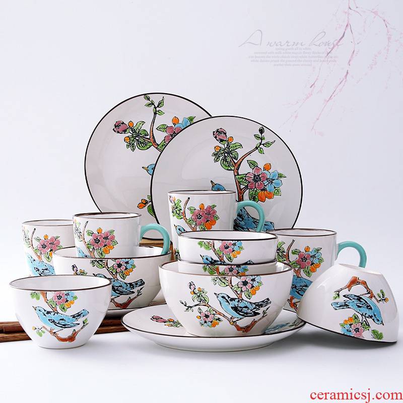 Four people painting of flowers and tableware suit move contracted household bowl dishes chopsticks creative rainbow such as bowl meal hand - made ceramic 0