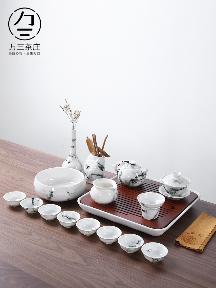 White porcelain of a complete set of kung fu tea tea village 6 three thousand ceramic household cup tea tray lid bowl suit a gift
