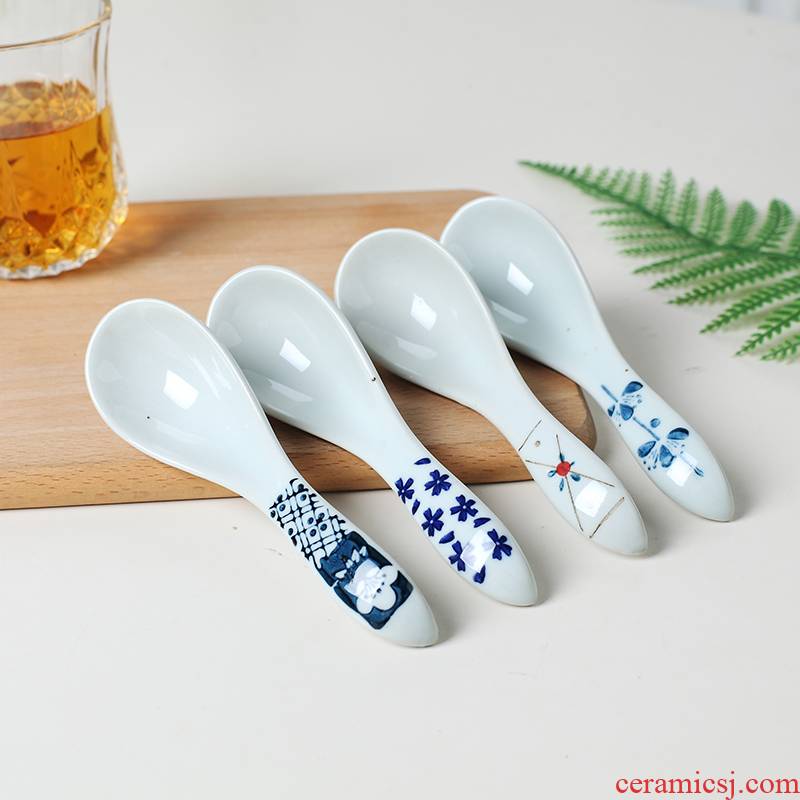 Japanese and many ceramic creative long - handled spoon, spoon stirring spoon, small spoon, under the glaze color hand - made medium spoon