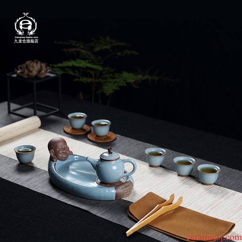 DH jingdezhen kung fu tea set suit small household ceramic cups creative your up cracked teapot car travel