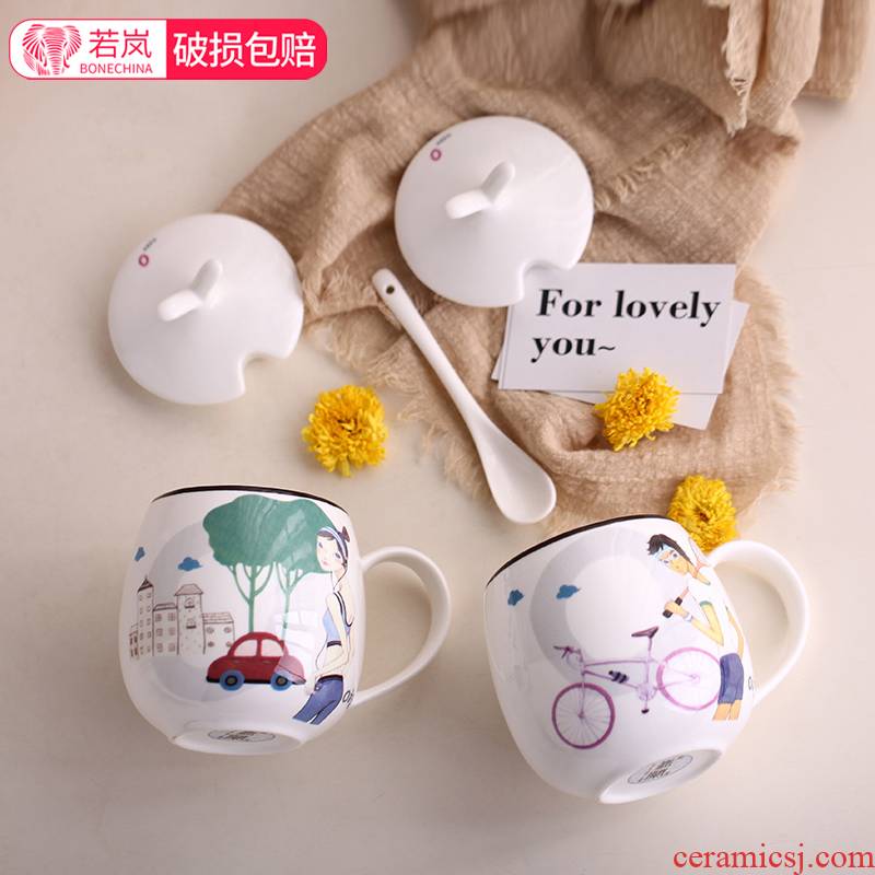 Han edition valentine 's children students creative move mark cup with cover glass ceramic cup with a spoon, custom ipads porcelain cup