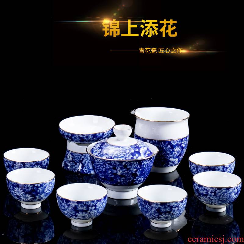 Jane mass of a complete set of hand draw blue and white porcelain tea set kung fu tea tureen suit ceramic household contracted teapot