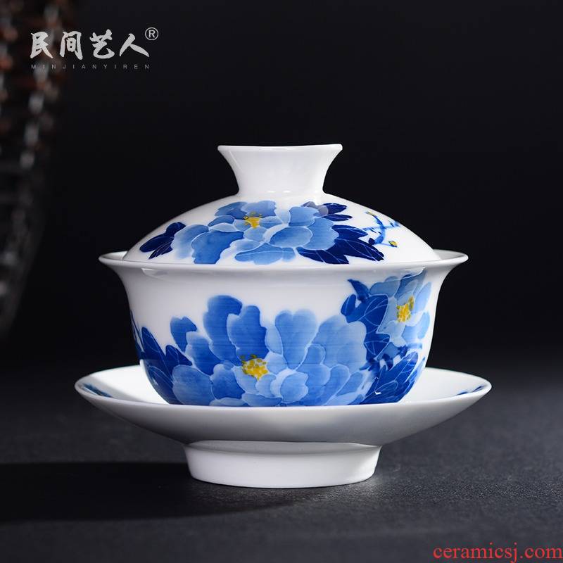 Three to jingdezhen ceramic bowl of tea tureen hand - made kung fu tea set them thin body of blue and white porcelain cup bowl
