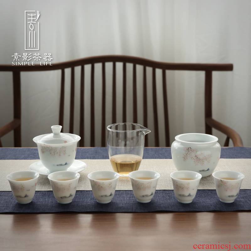 Plain film dehua white porcelain contracted Chinese kung fu tea set household teapot modern tureen of a complete set of tea cups