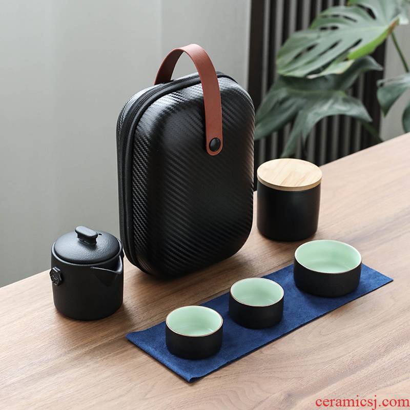 Ya xin Japanese black pottery portable travel tea set kung fu tea teapot teacup of a complete set of ceramic tea set tea tray