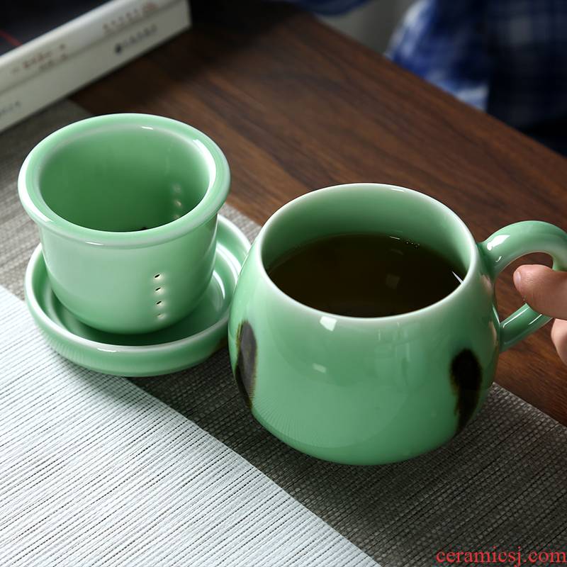 Longquan celadon teacup household of Chinese style office filter glass ceramic tea keller with cover stippling doodle cup