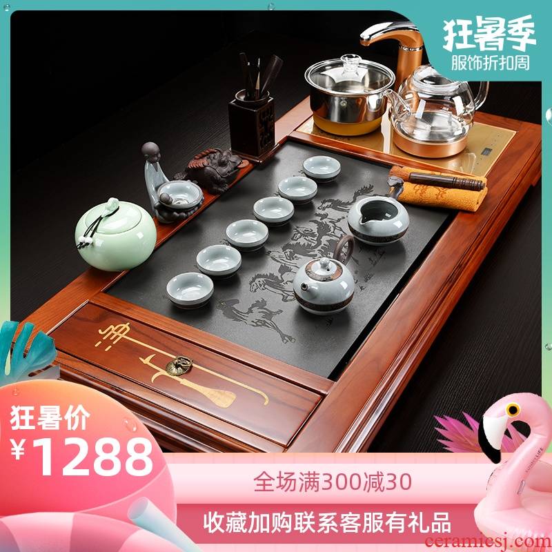 Repeatedly in a complete set of tea sets suit celadon contracted purple sand tea solid wood semi - automatic automatic kung fu tea set