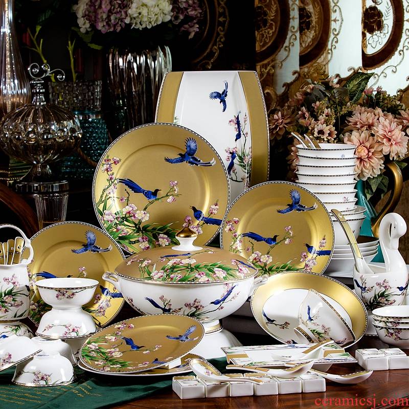 Dishes suit ipads porcelain tableware suit household Chinese wind 60 head 10 European Dishes jingdezhen ceramic bowl bowl