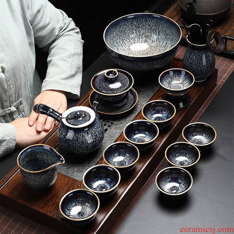 Build light tea set suits for the domestic telecom variable temmoku glaze teapot teacup masterpieces jingdezhen ceramic kung fu tea set