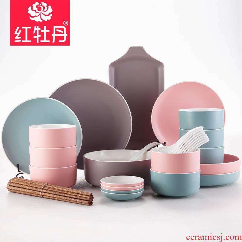 The new northern wind tableware suit household ceramic color bowl chopsticks and colorful plate 36 head dish plate