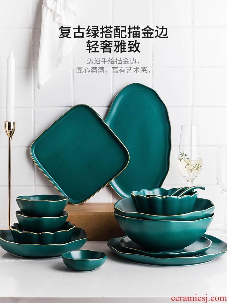 Modern light key-2 luxury American housewife ceramic tableware retro green sweet dishes suit soup bowl creative household rice bowls