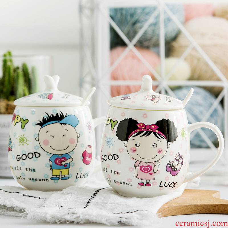 Han edition with cover students creative trend, lovely ceramic cup children spoon keller cup home breakfast coffee cup