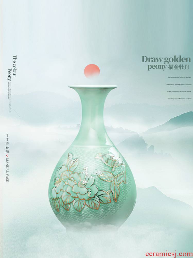 Jingdezhen masters ceramics vase and furnishing articles flowers sitting room of Chinese style household adornment green paint peony