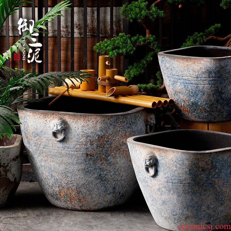 Restore ancient ways of archaize ceramic big cylinder coarse pottery manual water basin water pot fish tank floor furnishing articles courtyard garden