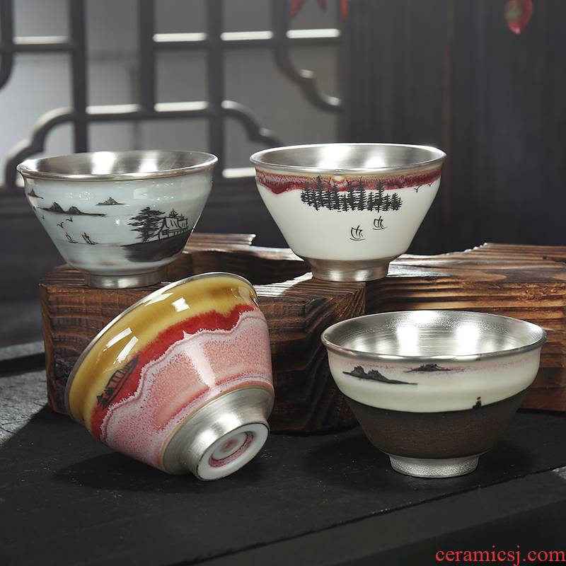 Ceramic hand - made teacup manual coppering. As pu single cup silver cup master Japanese personal meditation cup sample tea cup
