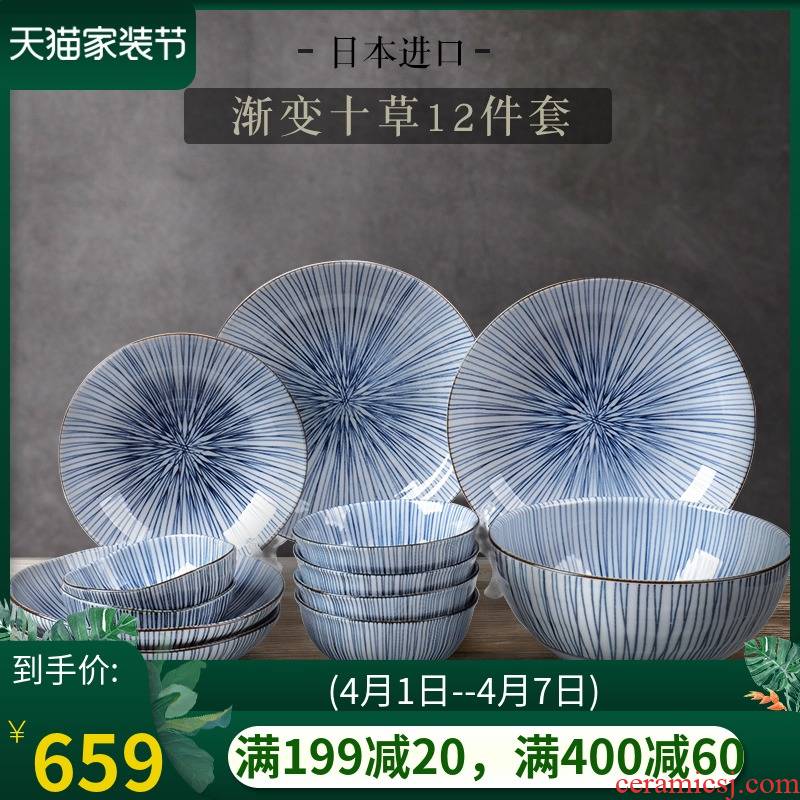 Japan imports gradient ten grass 】 【 ceramic dishes dishes has just 12 sets with combination Japanese - style tableware suit