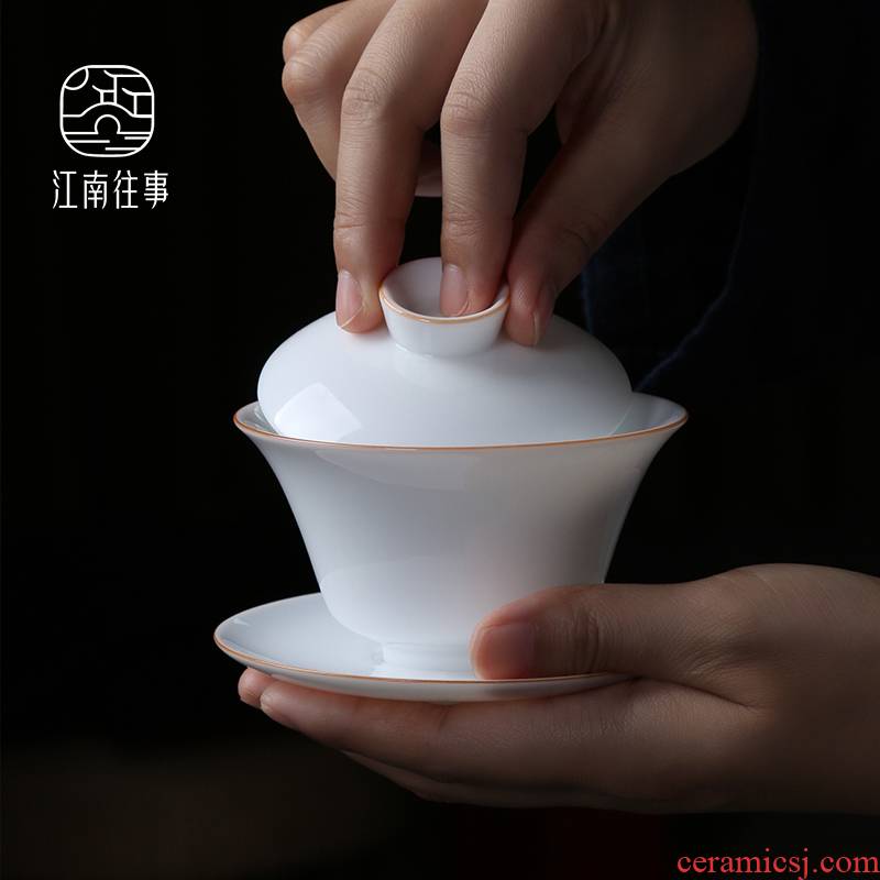 Jiangnan white porcelain tureen large cups past three bowl of large Chinese style household kung fu tea set hand - made teacup