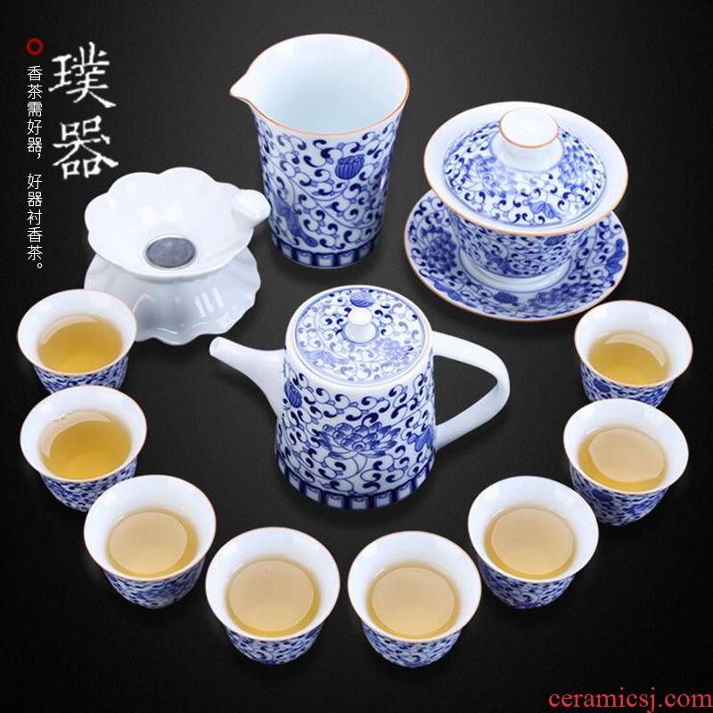 Blue and white porcelain kung fu tea set office household contracted checking ceramic tea cup tea is a complete set of the teapot