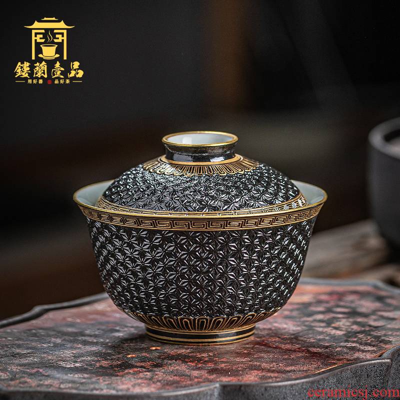 Manual old black glaze see hand - cut tureen single kung fu tea bowl suit household jingdezhen tea cups
