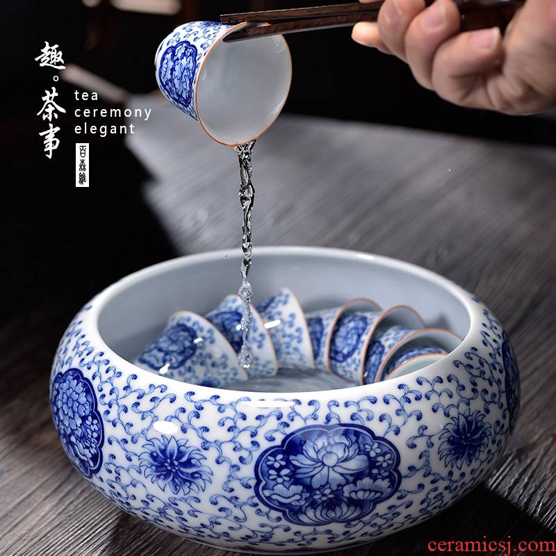 Jingdezhen ceramic wash large blue and white porcelain tea set tea cup to heavy wash water jar writing brush washer from kung fu tea porcelain accessories