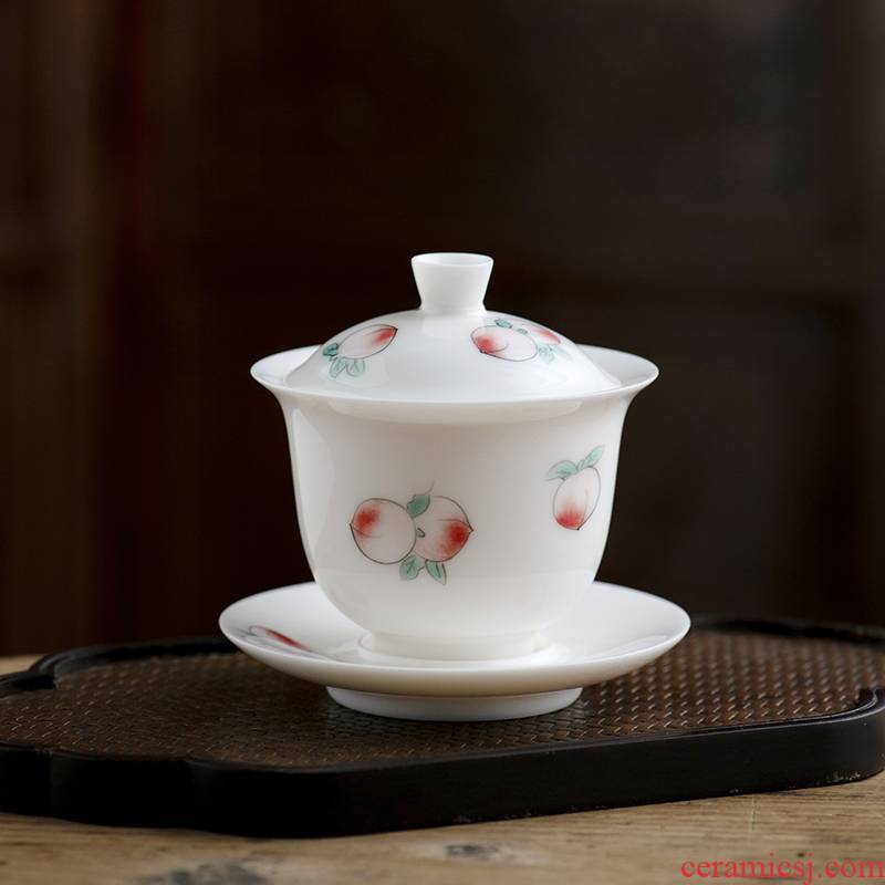 Thousands of red white porcelain up tureen pure hand draw three cups to cover cup single household large hot kung fu tea set