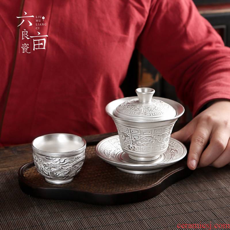 Manual three only tasted silver gilding tureen sterling silver 999 silver clasp porcelain hand catch tea, kungfu tea bowl