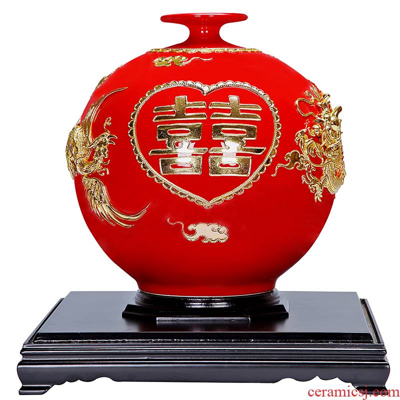 Really sheng Chinese red paint line carve wedding gift ceramics furnishing articles in extremely good fortune happy character manual craft gift belt
