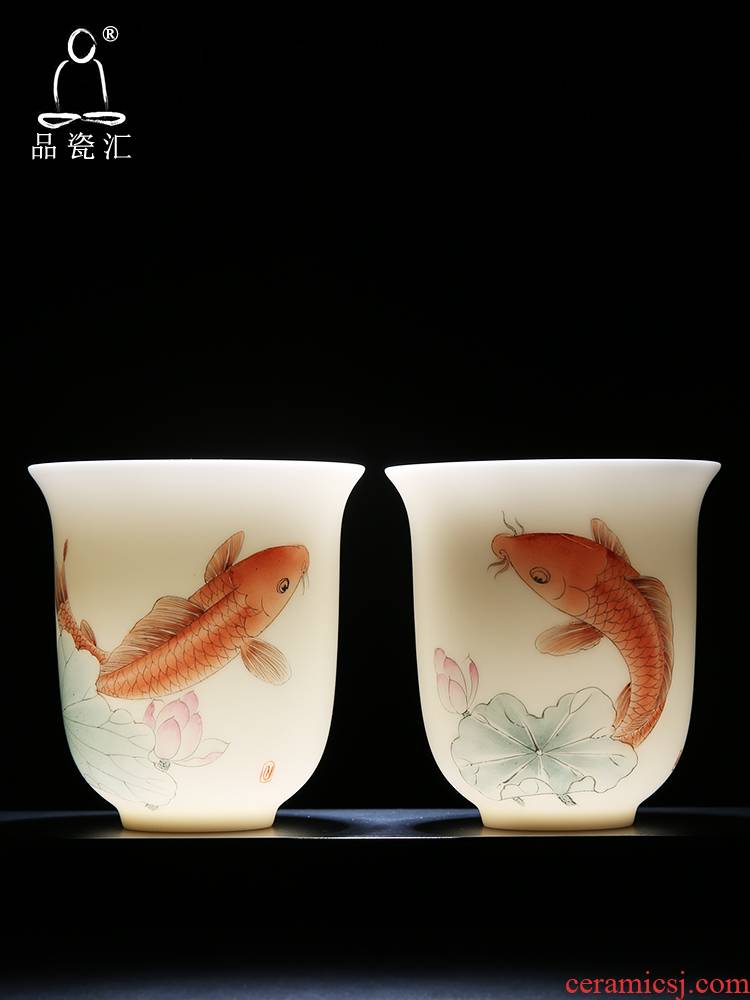 The Product owner for a cup of white porcelain porcelain remit large single teacups hand - made of new color lotus brocade carp fish sample tea cup from year to year