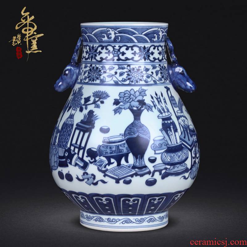 Antique hand - made double listen barrels of jingdezhen ceramics of blue and white porcelain vases, flower arrangement sitting room adornment handicraft furnishing articles