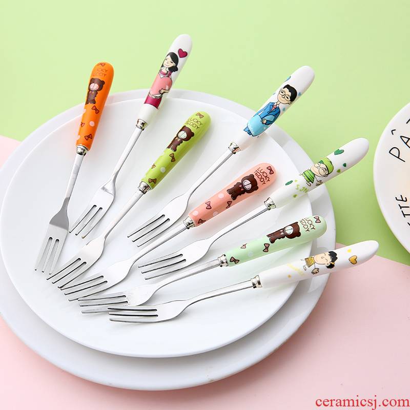 Pampas creative lovely ceramic handle the small fork on fruit fork to eat fruit fruit rust steel children sign points