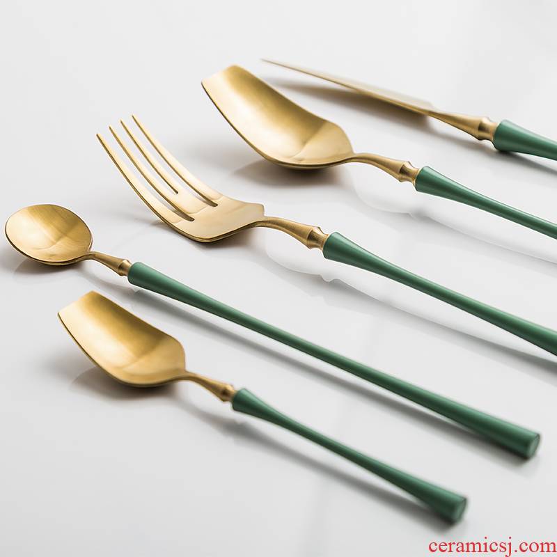 Porcelain soul clear green, western - style food tableware knife and fork spoon suit cattle crisp thin fritter twist hotel with a small spoon, stainless steel tableware