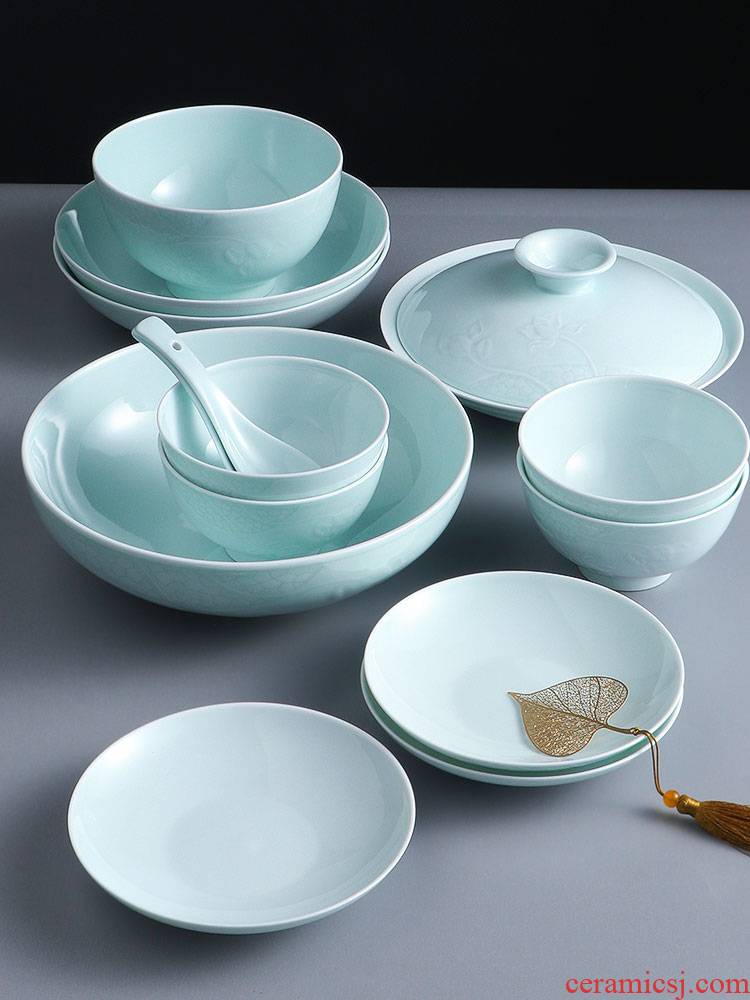 Jingdezhen shadow celadon deep dish household food dish ceramic plate Chinese bowl dish BingDi spoon, lotus open