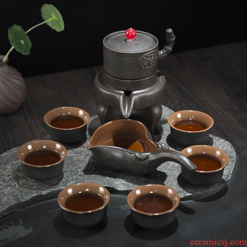Jane quality household retro black pottery of a complete set of lazy semi - automatic teapot stone mill kung fu tea set ceramic tea set