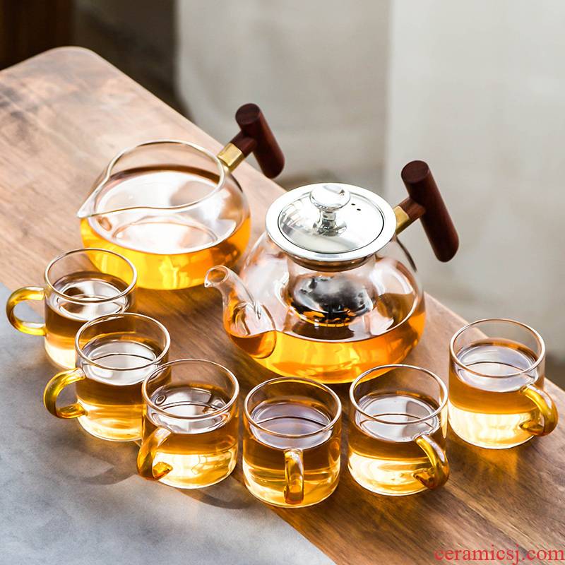 Glass kung fu tea set suit household heat resistant high temperature electric TaoLu boiled tea, wood side the scented tea filter teapot