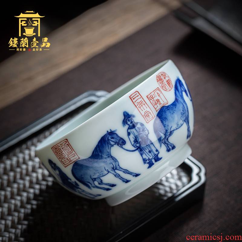 Jingdezhen ceramic all hand - made archaize rubbings five misty blue cylinder cup sample tea cup host large cups
