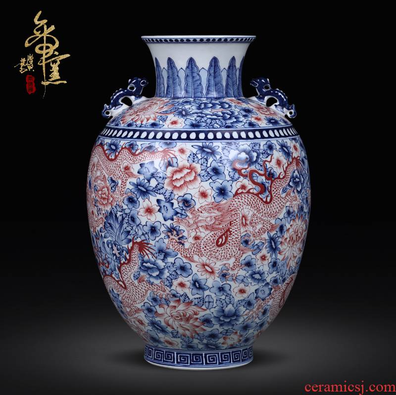 Checking antique red dragon grain ear vase of jingdezhen blue and white youligong home decorations antique antique ceramic furnishing articles