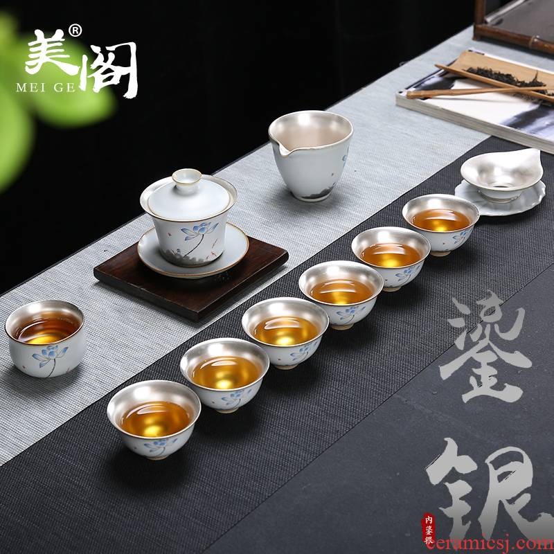 Beauty cabinet coppering. As silver kung fu tea set household ceramics by hand your up tea pot lid bowl silver cup gift pack