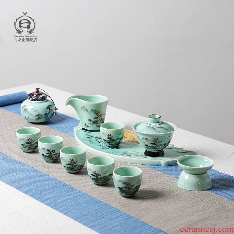 DH jingdezhen ceramic tea set household contracted kung fu tea set hand - made celadon tea teapot small cups