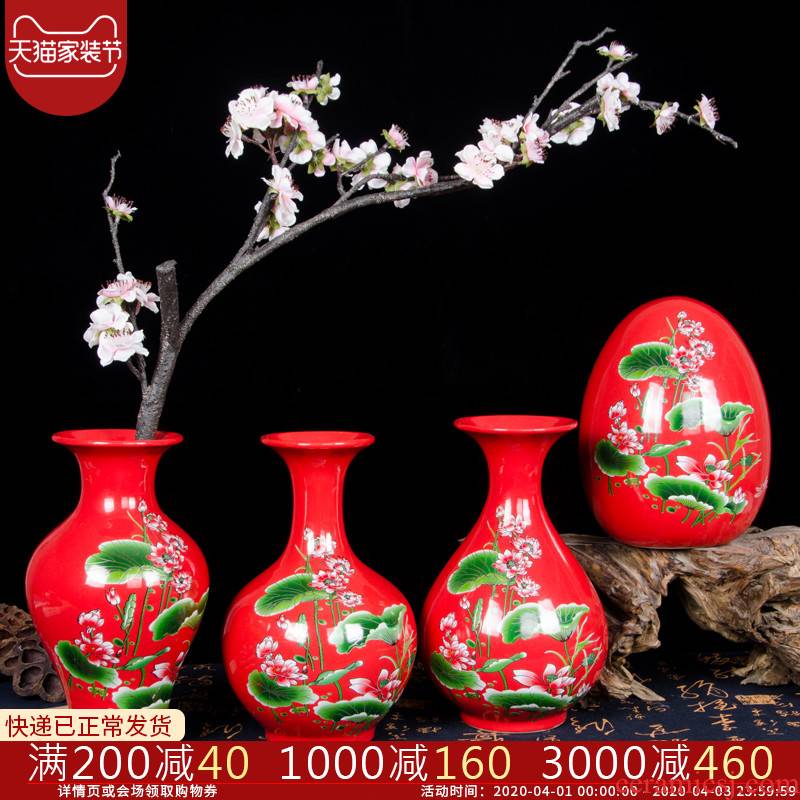 Jingdezhen ceramic Chinese red vase flower arranging the sitting room of Chinese style household furnishing articles TV ark cb86 decorative arts and crafts