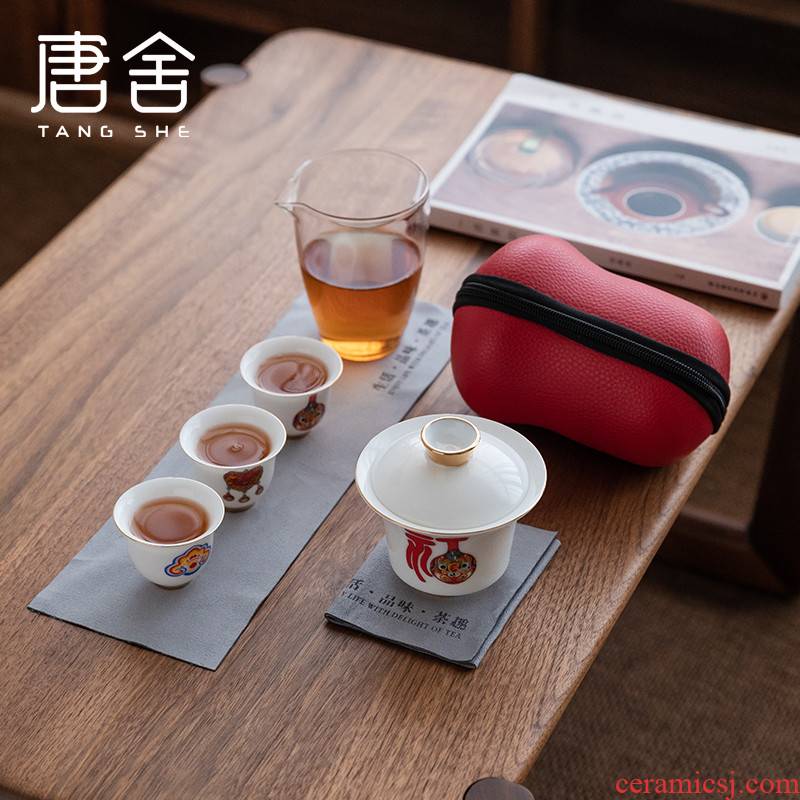 Tang s fortune travel tea set suit white porcelain crack a pot of three glass office travel on - board, portable package