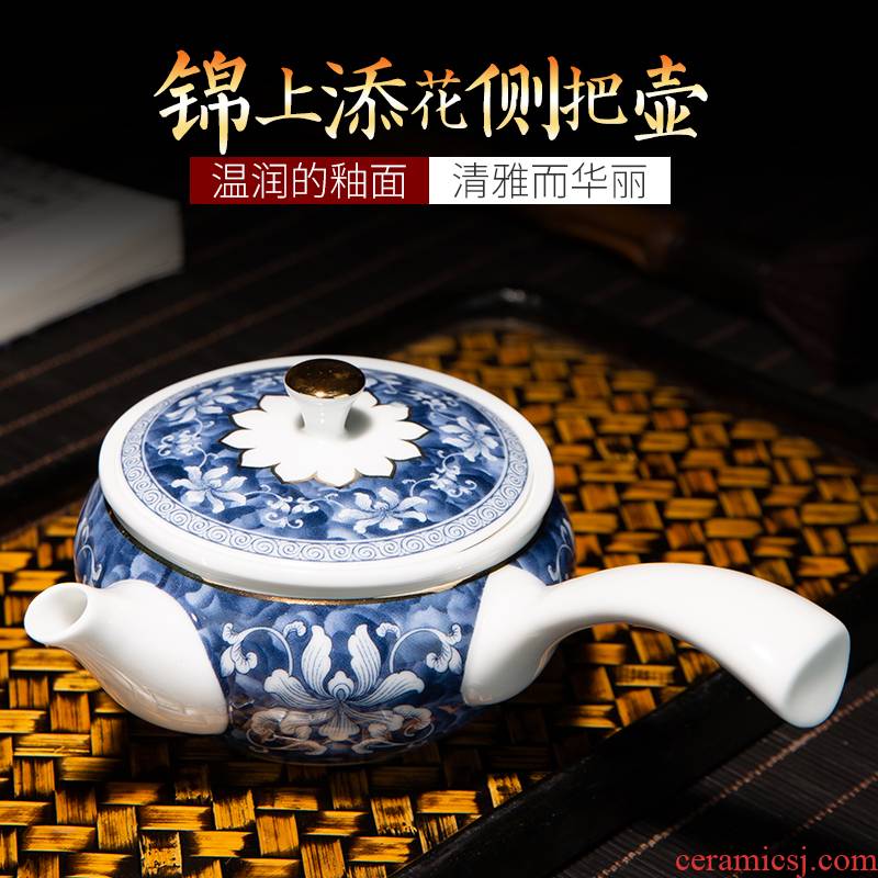 Jingdezhen blue and white porcelain kung fu tea set suit household ceramics colored enamel teapot side by hand the single pot of tea cups