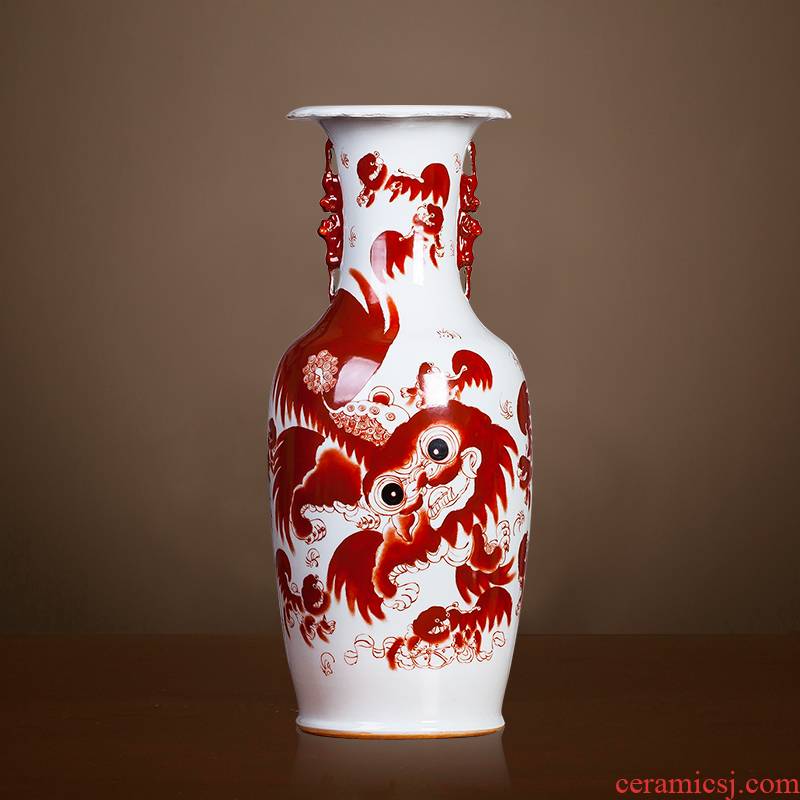 Jingdezhen ceramics vase too little red lion big ears furnishing articles antique Chinese style living room porch decoration ornament