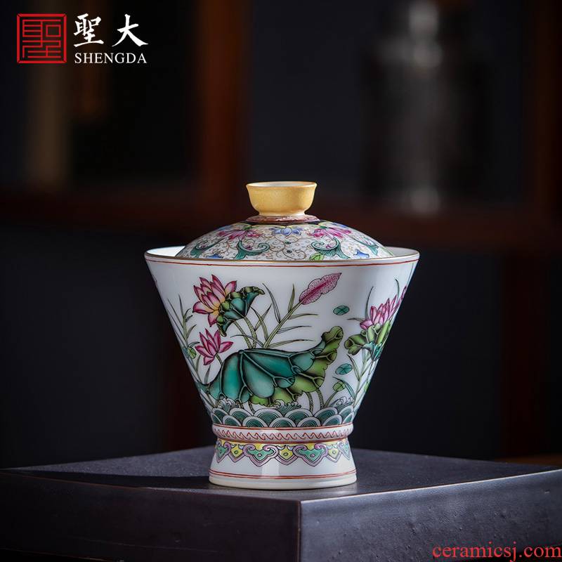 St large ceramic three tureen teacups hand - made pastel paint lotus pond was beautiful sceneries no riding bowl of jingdezhen tea service