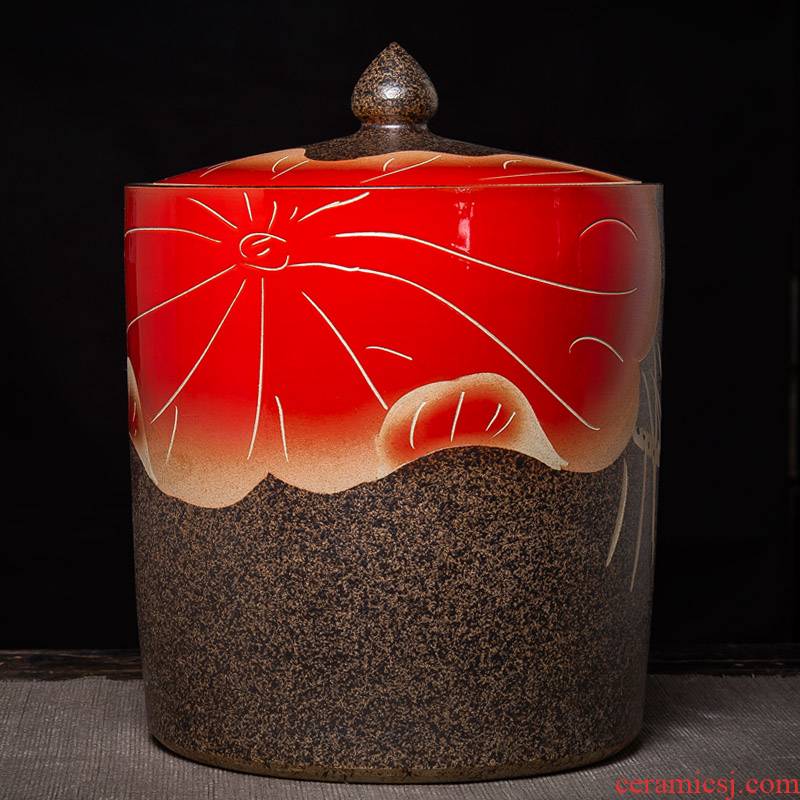 Jingdezhen ceramic red lotus coarse pottery tea pot home seal storage tank puer tea cake oversized capacity