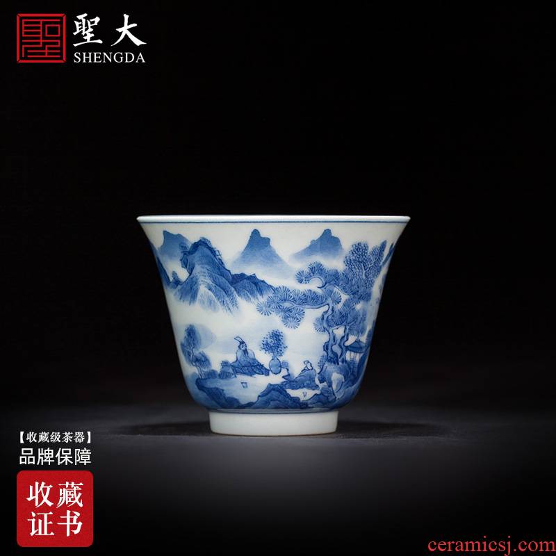 Santa teacups hand - made ceramic kungfu maintain jingdezhen blue and white pine pavilion set master cup sample tea cup, tea sets